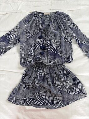 Ramy Brook Navy and White Printed Long-Sleeve Tiered Dress XS